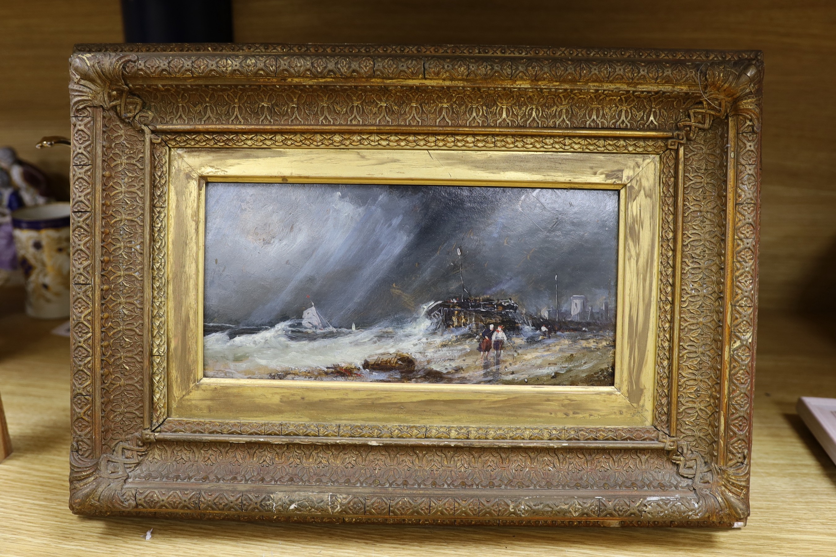 Attributed to William McAlpine (fl. 1840-1880), oil on board, 'Storm on the Cornish Coast', label verso, 14 x 29cm